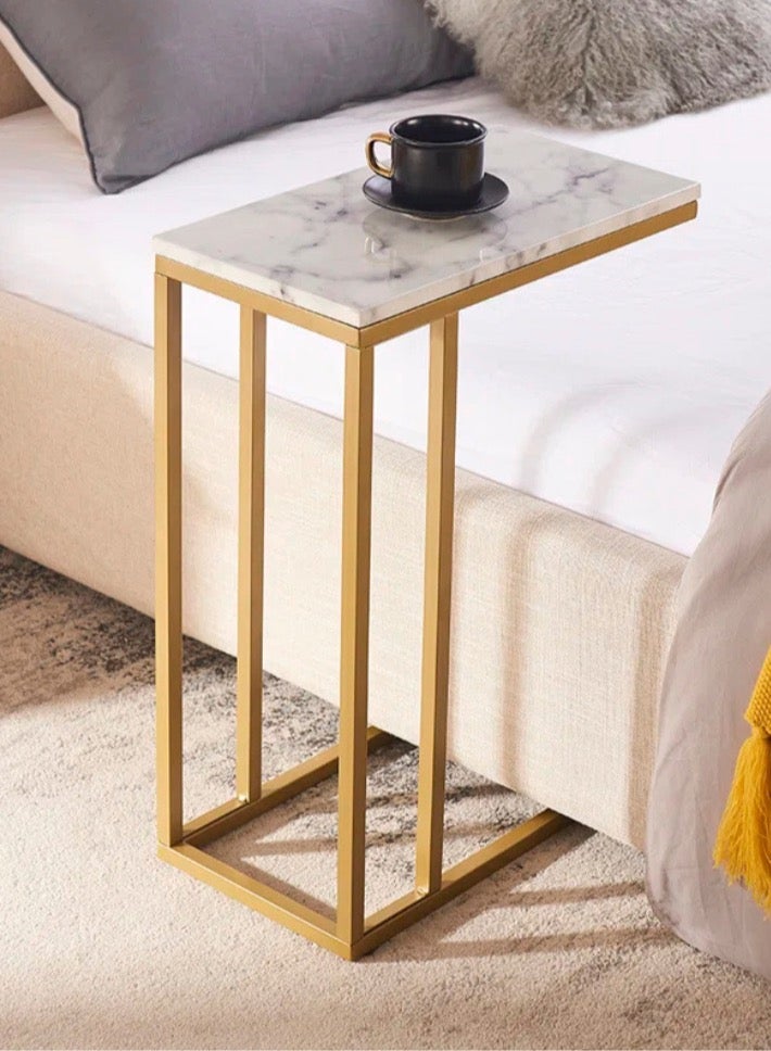 Mobellya Gold Frame C-Shaped Marble Side Table – Compact Bedside End Table - Image 1